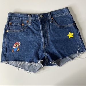 Levi's X Super Mario 501 Cut Off Shorts High Rise Dark Wash
